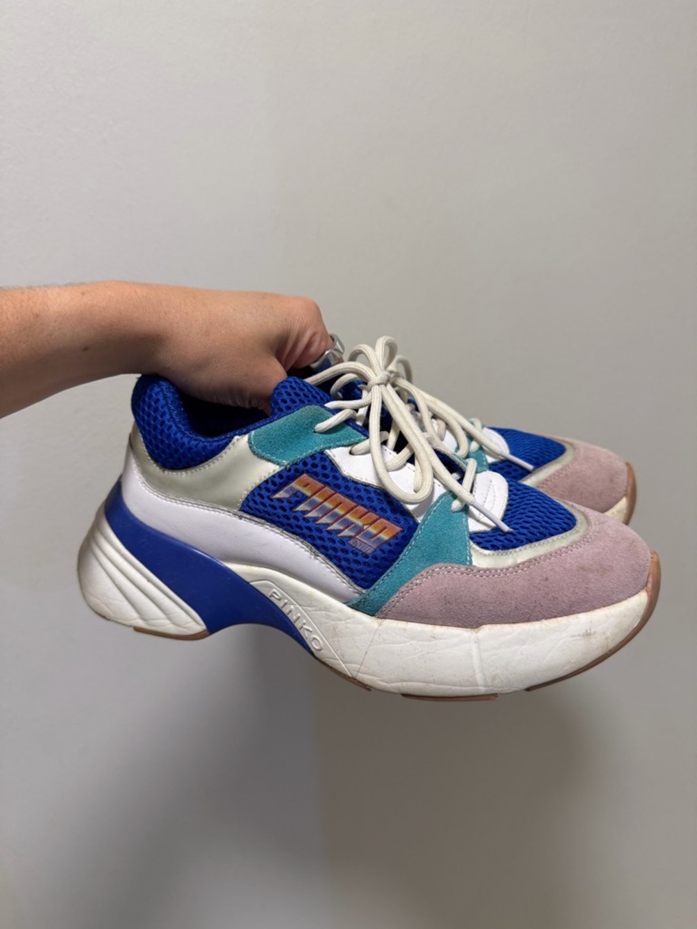 Pinko Multicolor Chunky Lace-Up Sneakers in Blue, Teal & Pink